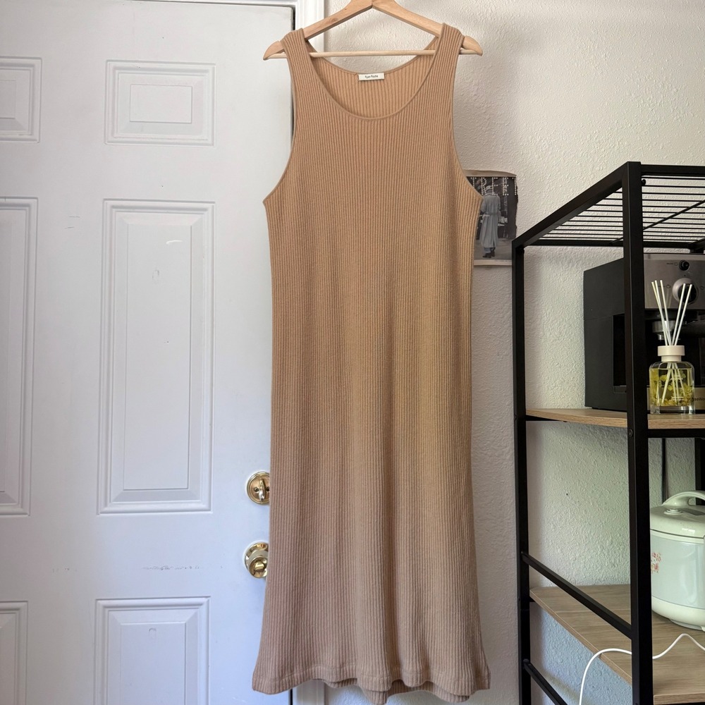 RYAN ROCHE tan camel cashmere rib ribbed soft scoop neck crew midi maxi dress